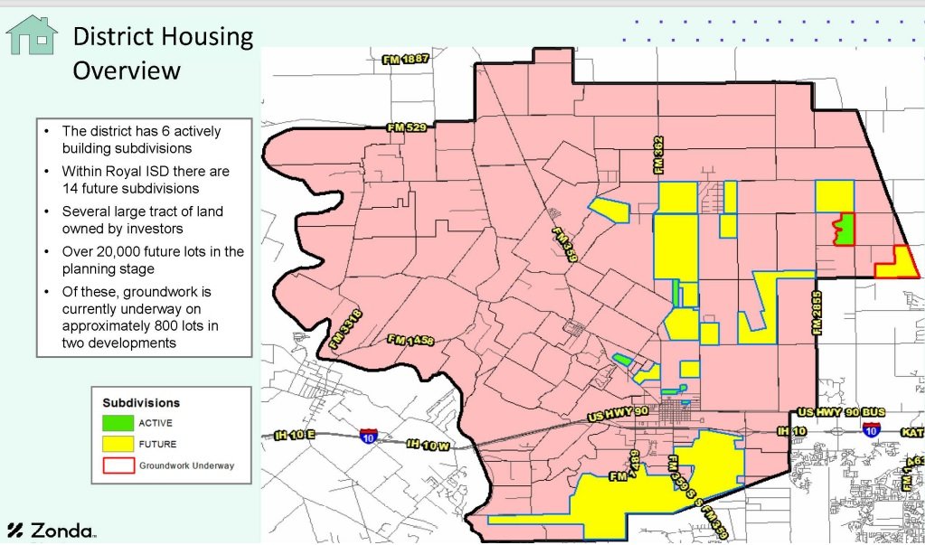 This map illustrates the housing development in Royal ISD.